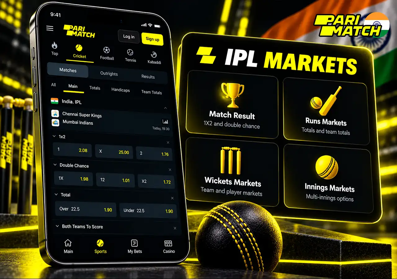IPL market screen with match result, runs, wickets and innings betting category markers.