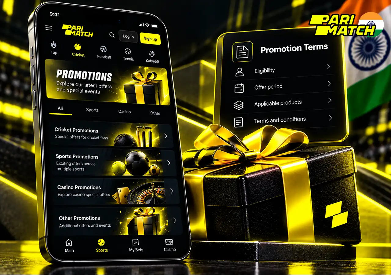 Cricket promotion page with gift box and neutral IPL bonus terms card.